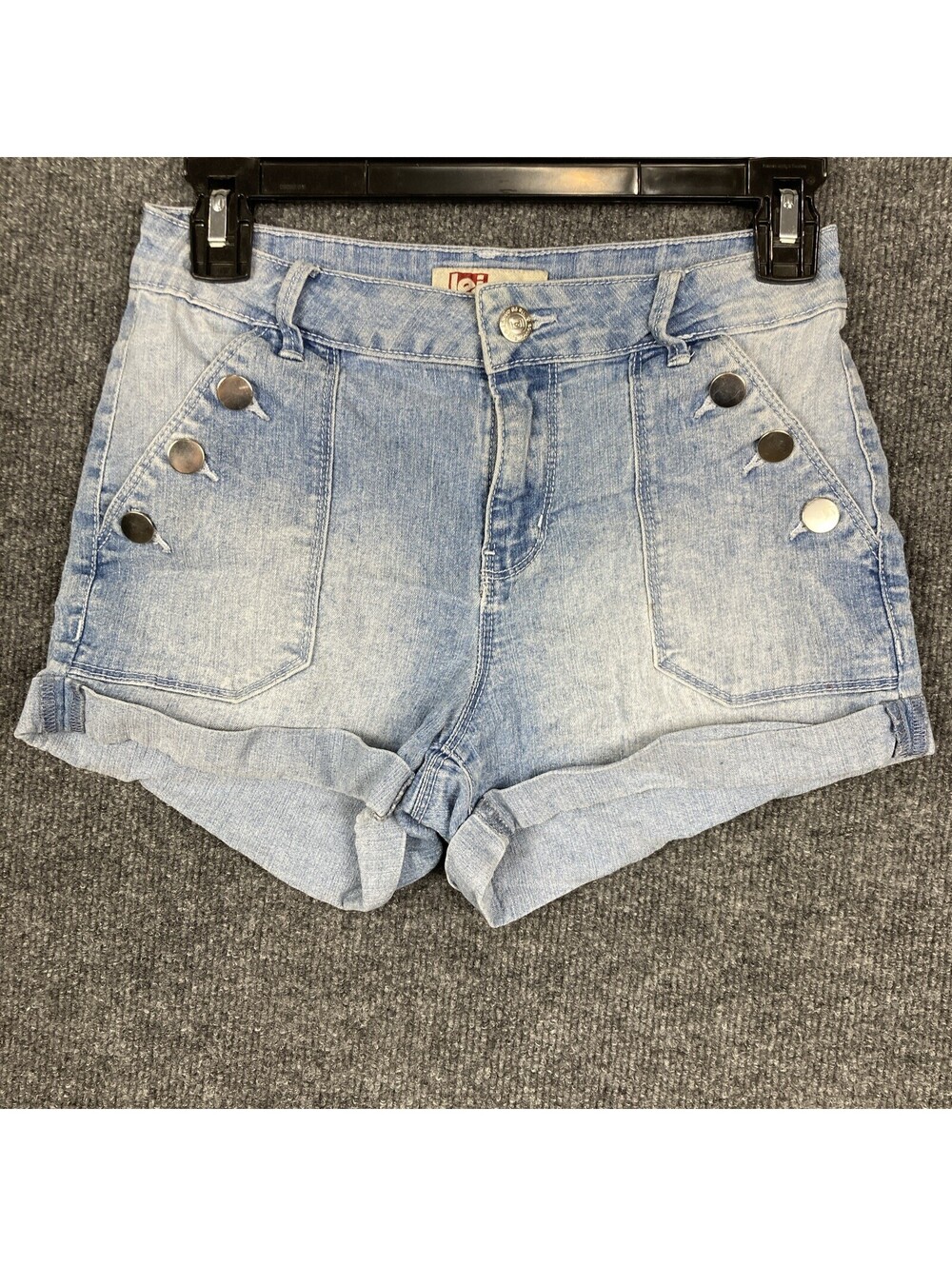 L.E.I Junior Size 3 Tatum High Rise Pocket Button Accent Denim Blue Jean Shorts